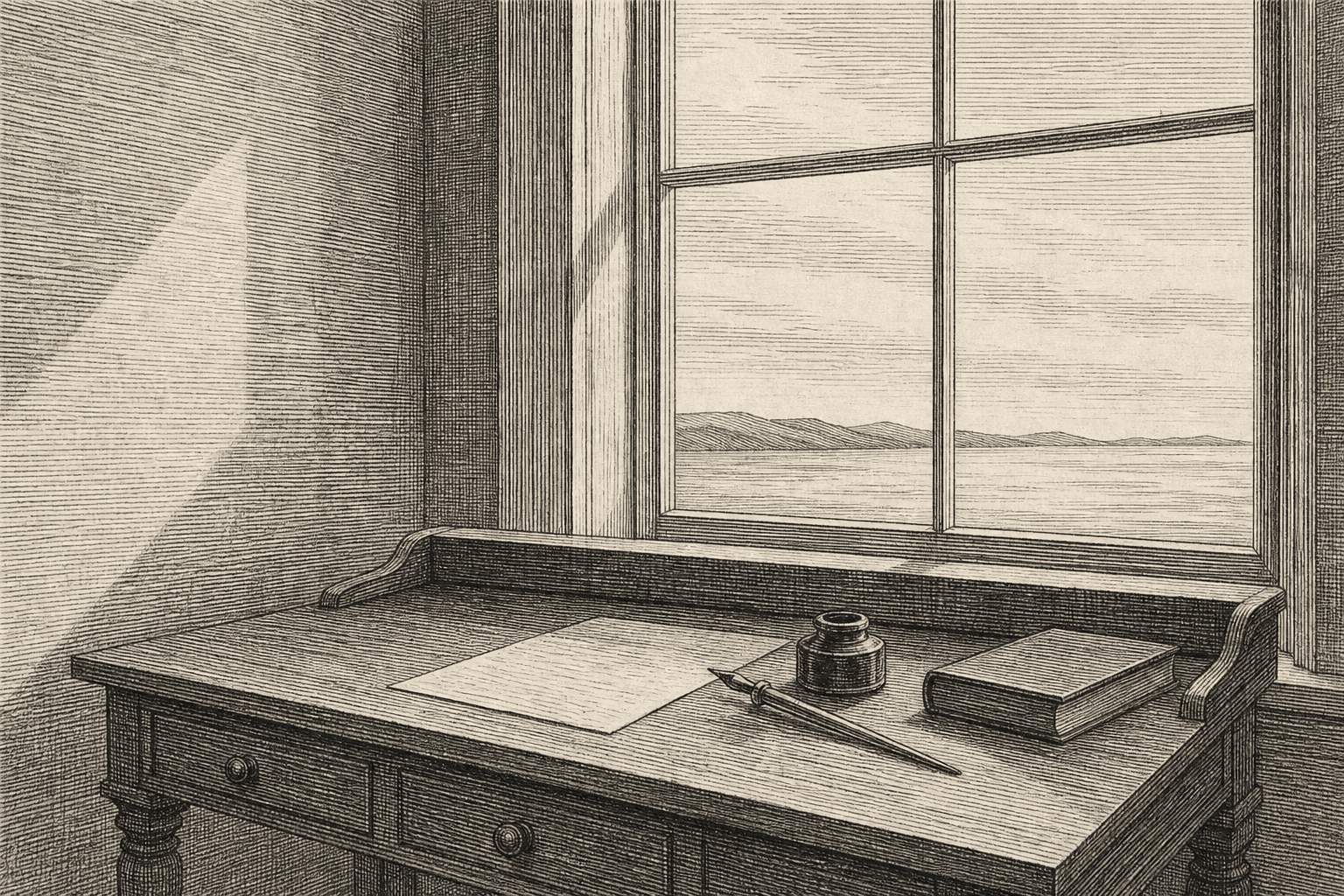 An engraved etching of a writing desk beside a tall window, with a sheet of paper, an inkwell, a dip pen, and a long horizon beyond