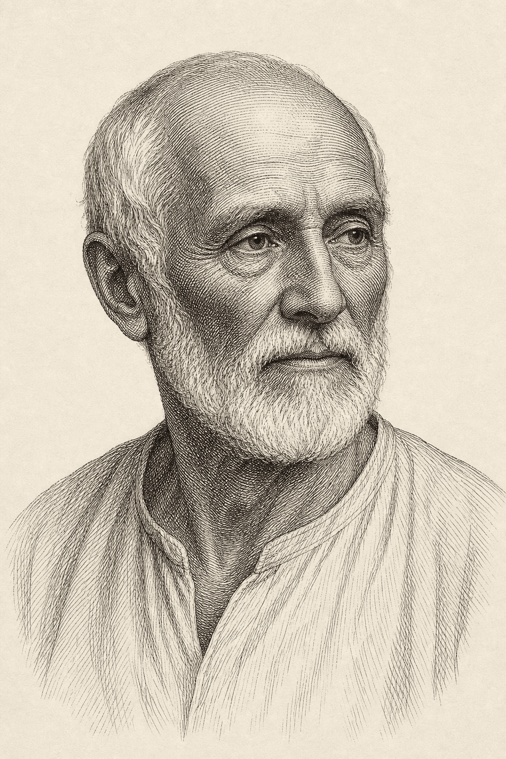 An engraved portrait of an old man, three-quarter view, looking away with patient attention